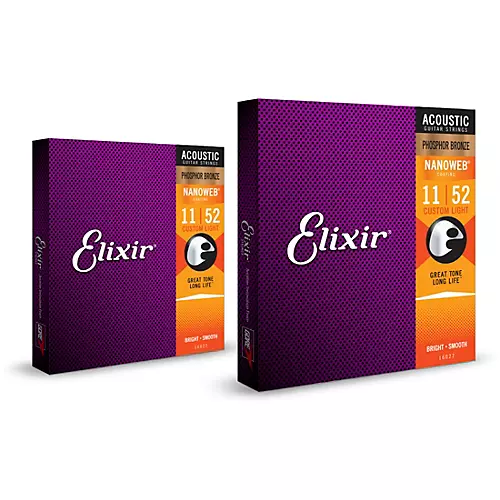 Elixir Phosphor Bronze Acoustic Guitar Strings with NANOWEB Coating, Custom Light (11-52) 2-Pack