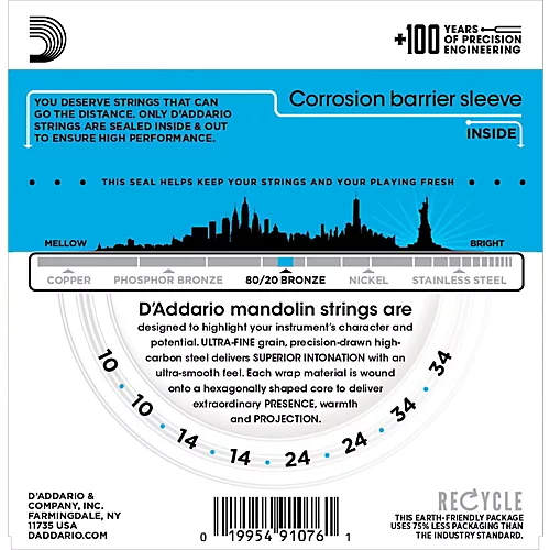 D'Addario EJ62 80/20 Bronze Mandolin Strings, Light, 10-34