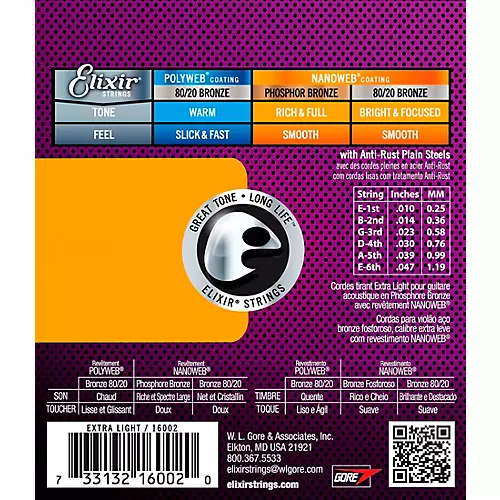 Elixir Phosphor Bronze Acoustic Guitar Strings With NANOWEB Coating, Extra Light (.010-.047)