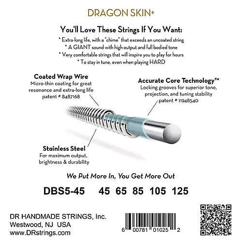 DR Strings Dragon Skin+ Coated Accurate Core Technology 5-String Stainless Steel Bass Strings 40 - 120
