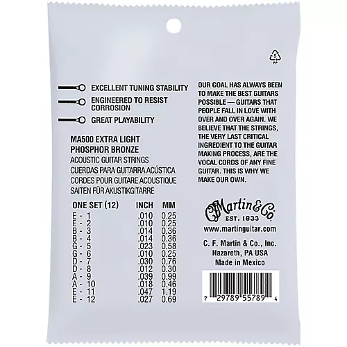Martin MA500 SP 12-String Phosphor Bronze Extra-Light Authentic Acoustic Guitar Strings