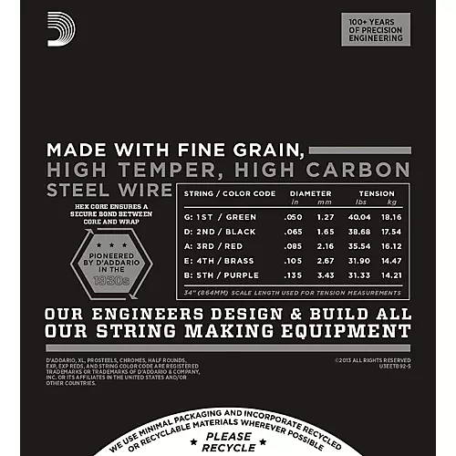 D'Addario ETB92-5 Medium Black Nylon Tapewound 5-String Bass Strings
