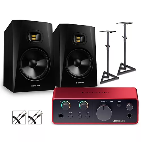 Focusrite Scarlett Solo Gen 4 with Adam Audio T-Series Studio Monitor Pair Bundle (Stands & Cables Included) T8V