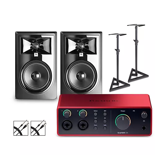 Focusrite Scarlett 4i4 Gen 4 With JBL 3 Series Studio Monitor Pair Bundle (Stands & Cables Included) 306MKII