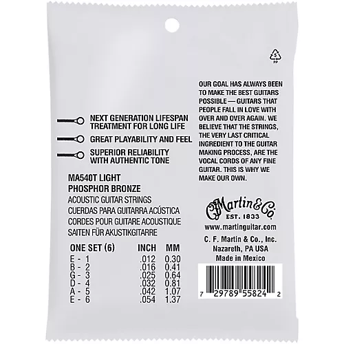 Martin MA540T Lifespan 2.0 Phosphor Bronze Light Authentic Acoustic Guitar Strings
