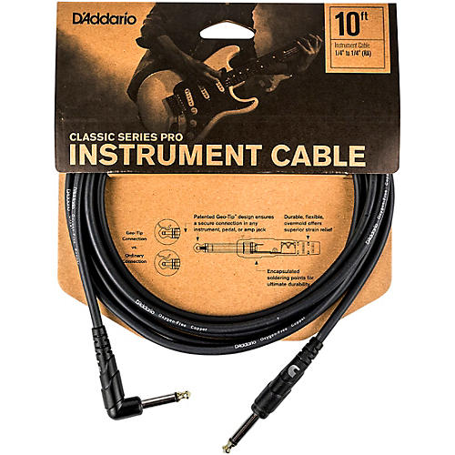 D'Addario Classic Pro Series Instrument Cable, Right Angle Plug 10 ft.