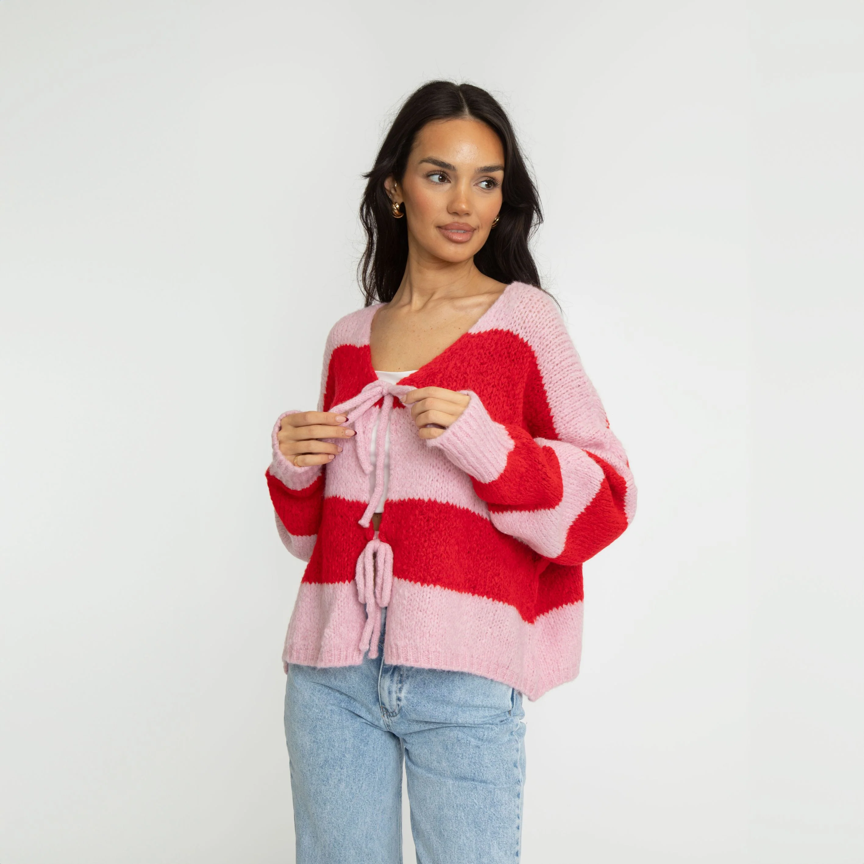 Gestreifter V-Ausschnitt Schleifen Cardigan