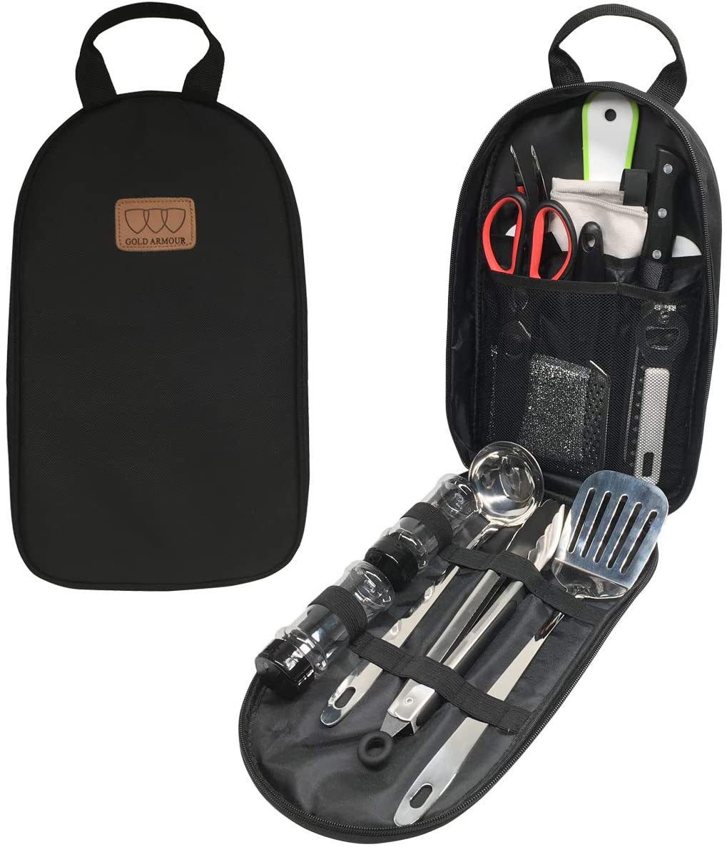 Gold Armour Camp Kitchen Utensil Organizer Travel Set Portable BBQ Camping Cookware Stainless Steel Utensils Travel Kit Outdoor Equipment Cutting Board Tongs Scissors Knife Ladle Spatula