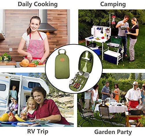 Gold Armour Camp Kitchen Utensil Organizer Travel Set Portable BBQ Camping Cookware Stainless Steel Utensils Travel Kit Outdoor Equipment Cutting Board Tongs Scissors Knife Ladle Spatula