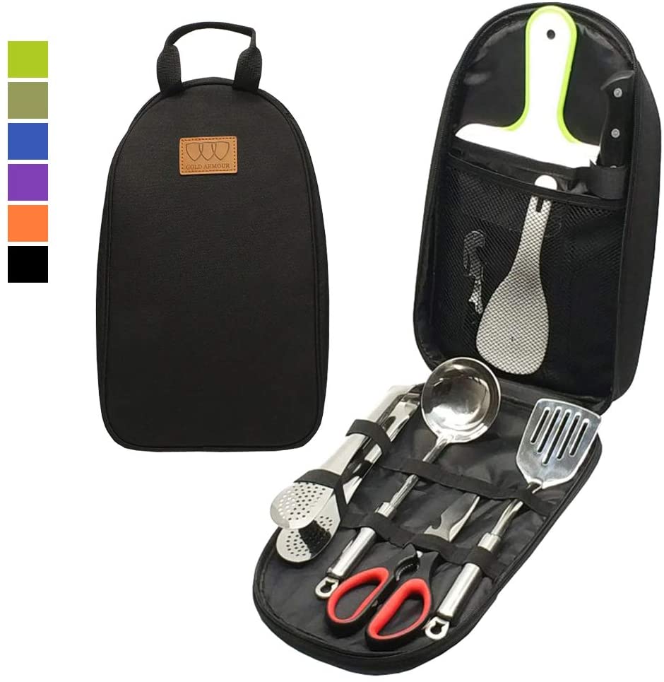 Gold Armour Camp Kitchen Utensil Organizer Travel Set Portable BBQ Camping Cookware Stainless Steel Utensils Travel Kit Outdoor Equipment Cutting Board Tongs Scissors Knife Ladle Spatula