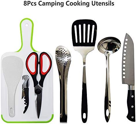 Gold Armour Camp Kitchen Utensil Organizer Travel Set Portable BBQ Camping Cookware Stainless Steel Utensils Travel Kit Outdoor Equipment Cutting Board Tongs Scissors Knife Ladle Spatula