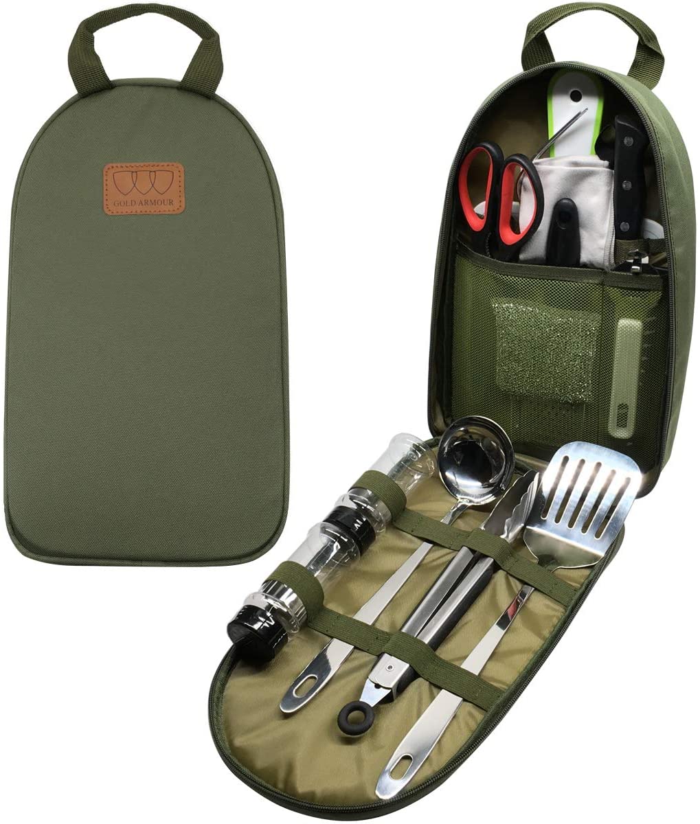 Gold Armour Camp Kitchen Utensil Organizer Travel Set Portable BBQ Camping Cookware Stainless Steel Utensils Travel Kit Outdoor Equipment Cutting Board Tongs Scissors Knife Ladle Spatula