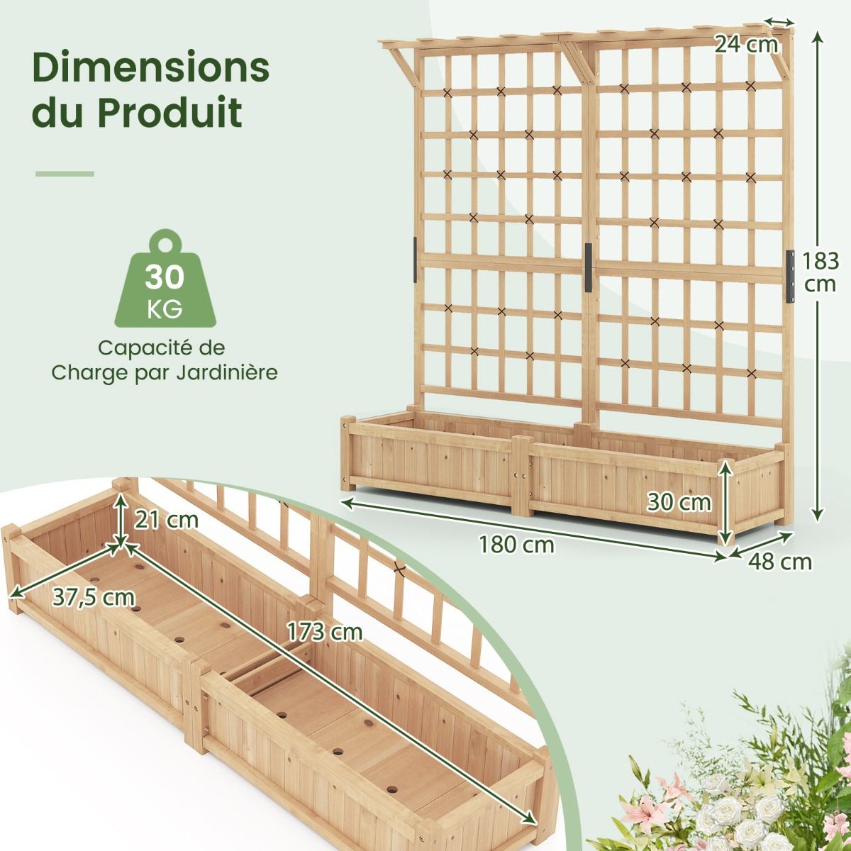 Jardinière avec 2 Treillis 2 Bacs Toit Suspendu en Bois Lit de Jardin Surélevé avec 4 Trous de Drainage 180 x 48 x 183 cm Orange