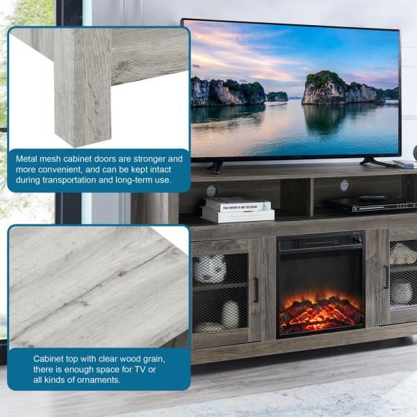 58.25 in. TV Stand Cabinet Sideboard with Electric Fireplace Grey Fits TV's Up to 65 in. with Ajustable Shelves
