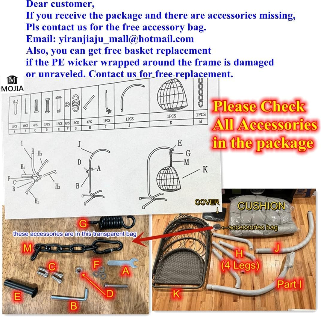 Mojia Patio Wicker Hanging Egg Swing Chair with Stand, Hammock Egg Chairs Foldable UV Resistant Cushions 440lbs Capaticy (Gray)