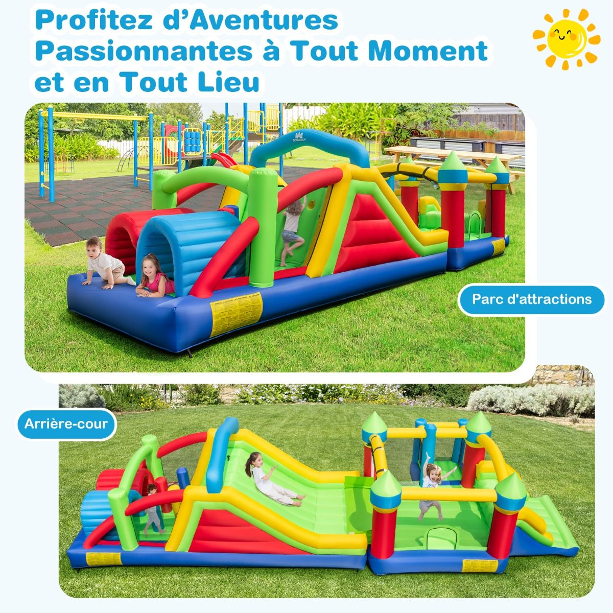 Château Gonflable pour 4 Enfants avec 2 Toboggans Tunnels Zone de Rebond Escalade Obstacles Maison de Jeu avec Souffleur de 680 W