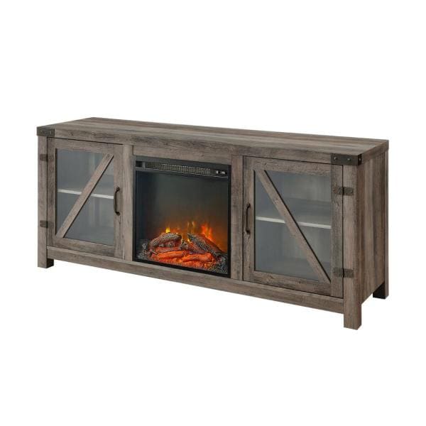 58 in. Grey Wash Glass Barn Door Fireplace Console