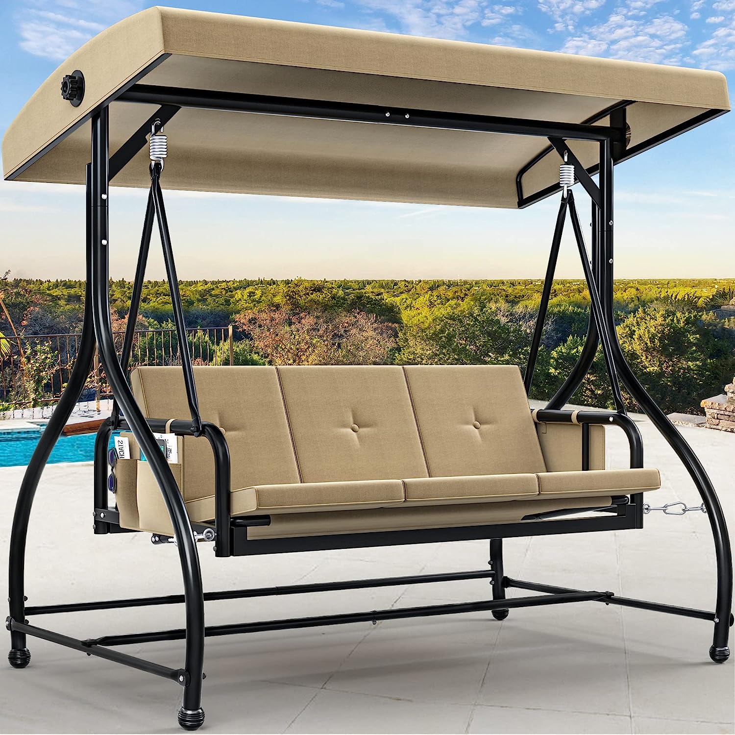 YITAHOME Porch Swing Bed 3-Seats Outdoor Patio Swing Heavy Duty Swing Chair with Adjustable Canopy Removable Cushion, Suitable for Adult in Garden, Poolside, Balcony, Brown
