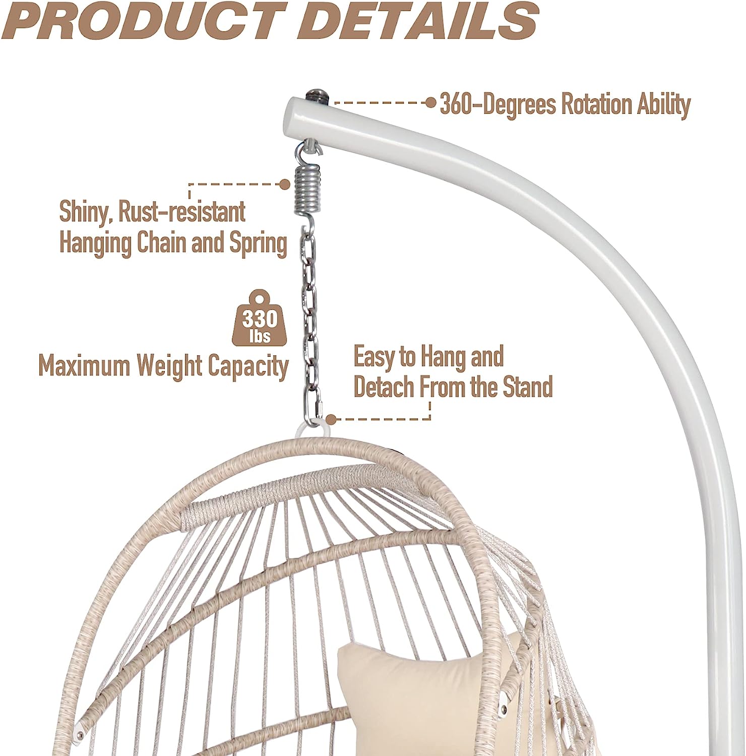 Chihee Egg Chair Foldable Wicker Rattan Hanging Chair Swing Chair Indoor Outdoor Patio Wicker Chair Hammock Chair with Stainless Steel Hanging Kit Chain Link UV Resistant Cushion Bedroom Balcony