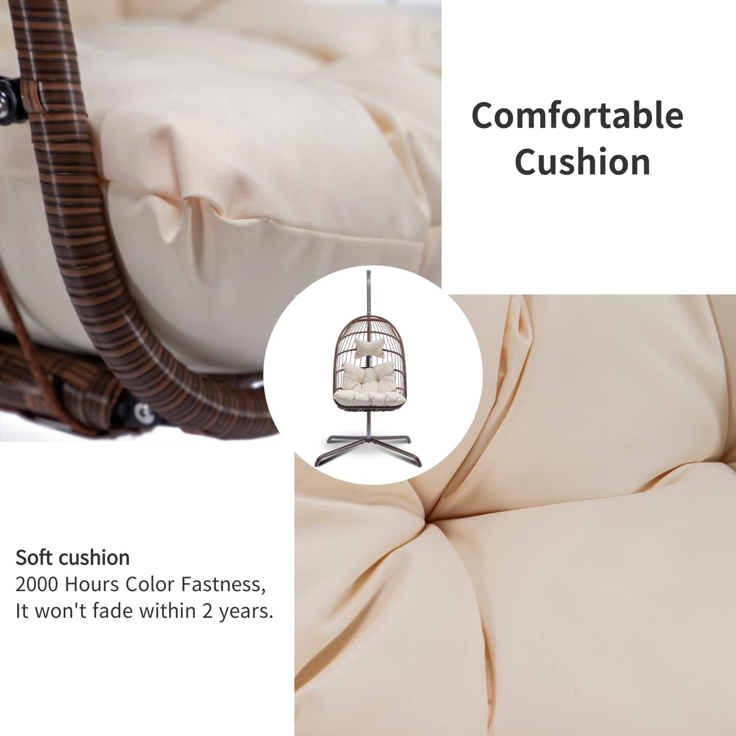 in Door Outdoor Patio Wicker Hanging Chair Swing Chair Patio Egg Chair UV Resistant Beige Cushion Aluminum Frame (Brown)