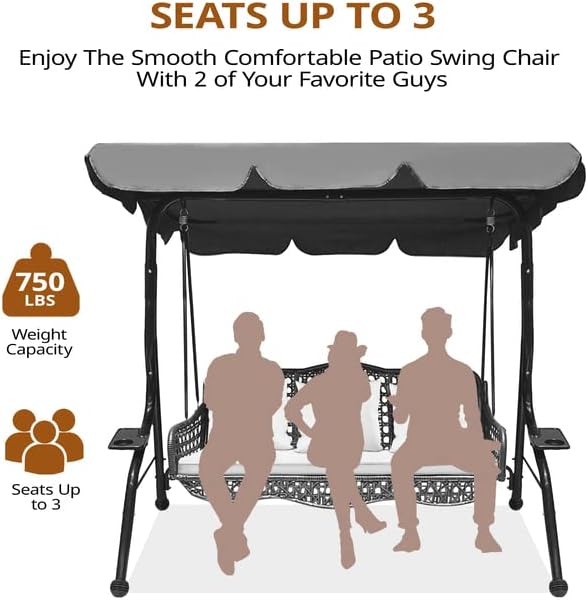 J.M.Deco 3 Seat Porch Swing, Outdoor Swing with Canopy Adjustable, 3 Pillows & 2 Side Trays, Wicker Patio Swing Chair for Balcony, Garden, Poolside, Backyard (Brown)