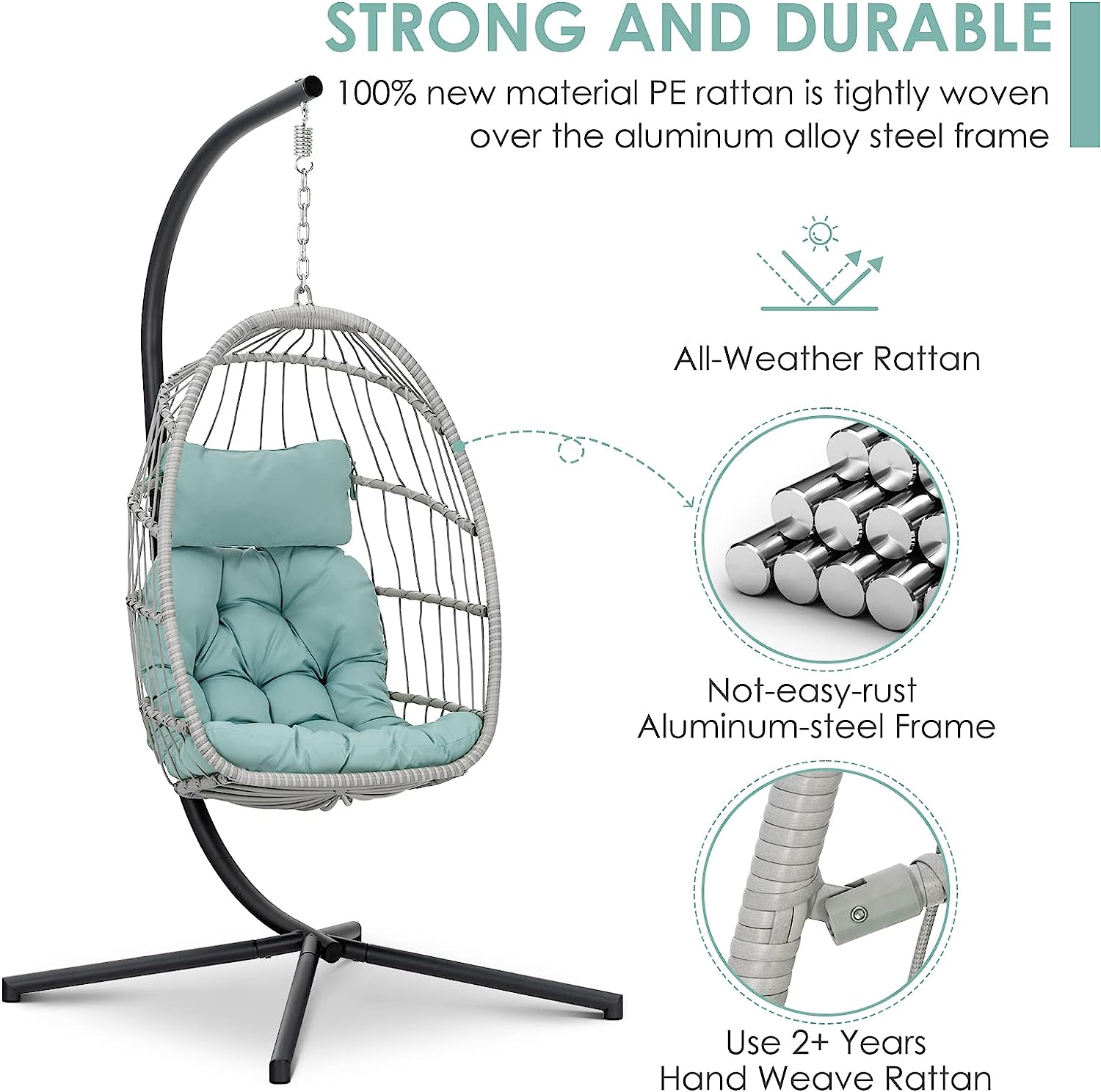Brafab Swing Egg Chair, Hammock Chair, Hanging Chair, Aluminum Frame and UV Resistant Cushion with Steel Stand, Indoor Outdoor Patio Porch Lounge Bedroom Hand Made Wicker Rattan Chair, 350LBS Capacity