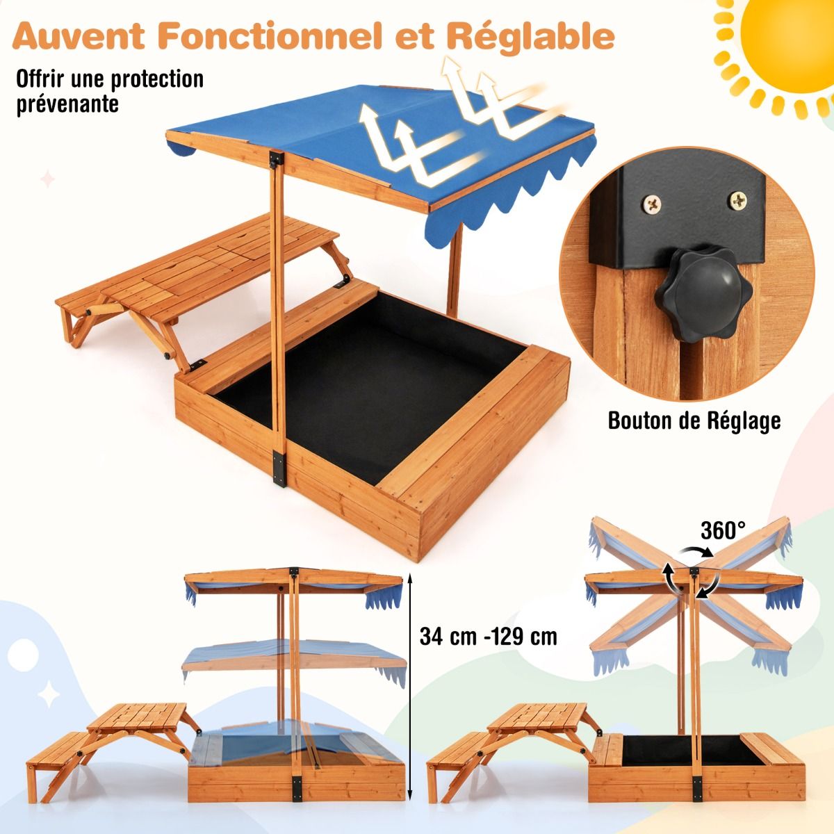 Bac à Sable en Bois pour Enfants avec Couvercle Aire de Jeux avec Table Sensorielle Pliable & Banc Parasol Ajustable pour 3+ Ans Naturel