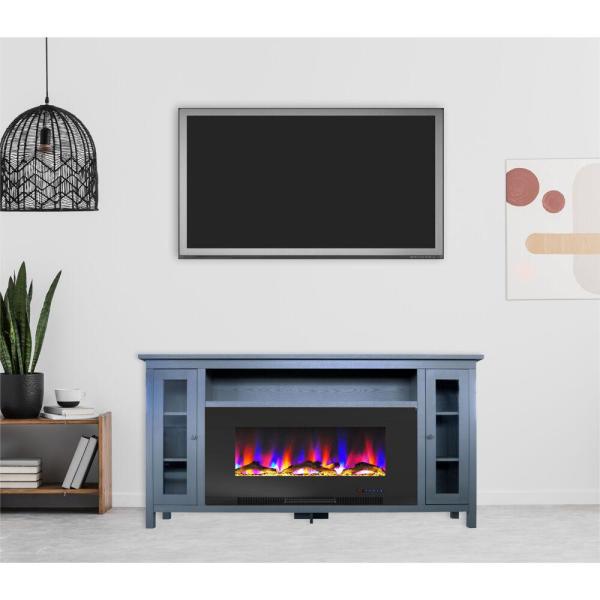 Somerset 70 in. Electric Fireplace in Blue with Driftwood Log Display