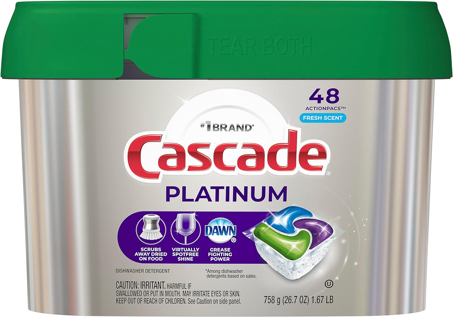 Cascade Platinum Dishwasher Pods, Dishwasher Detergent, Dishwasher Pod, Dishwasher Soap Pod, Actionpacs Dish Washing Pod, Lemon, 62 Count Dishwasher Detergent Pods