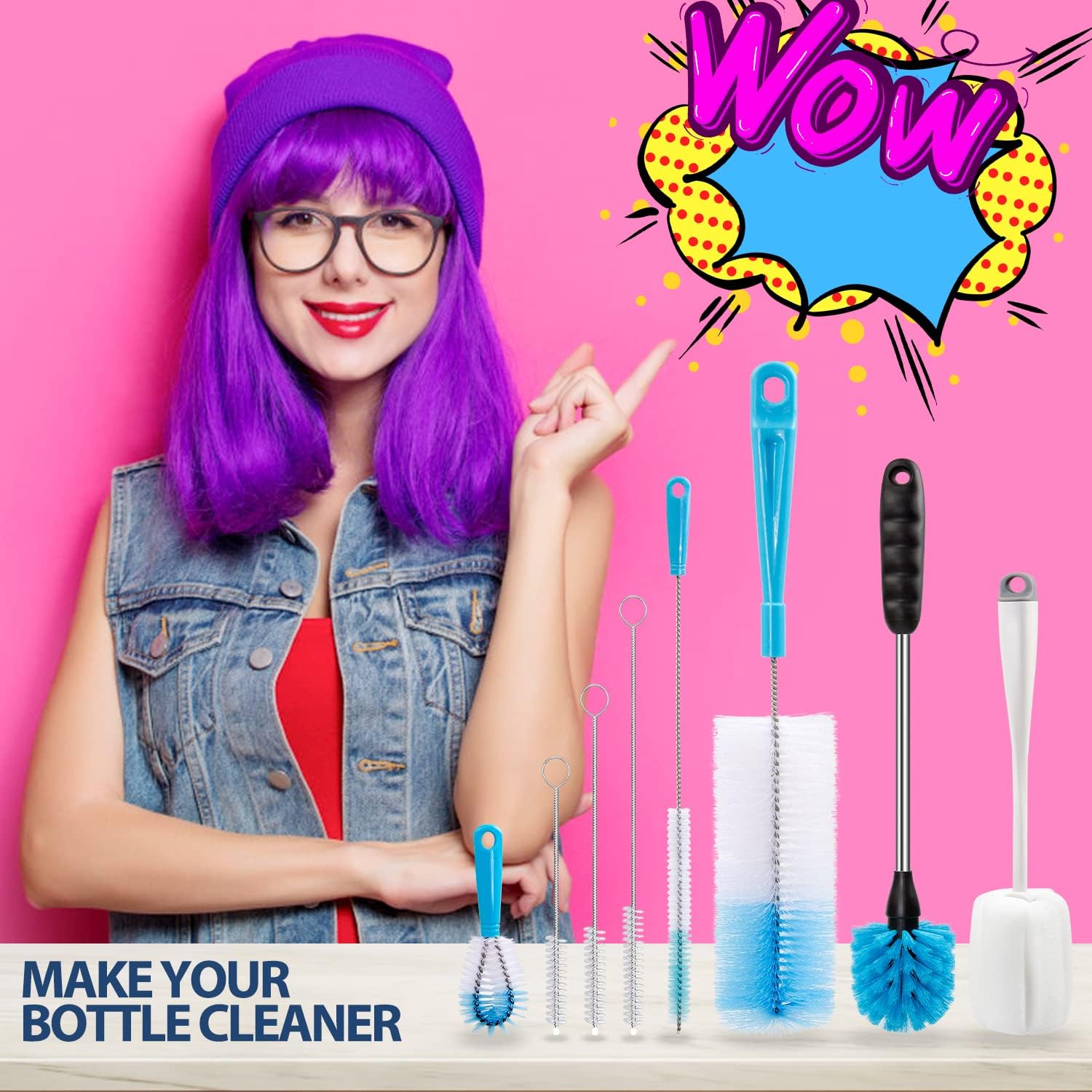 Holikme 8 Pack Bottle Brush Cleaning Set, Long Handle Bottle Cleaner for Washing Narrow Neck Beer Bottles Wine Decanter Narrow Cup Pipes Sinks Cup Cover, White