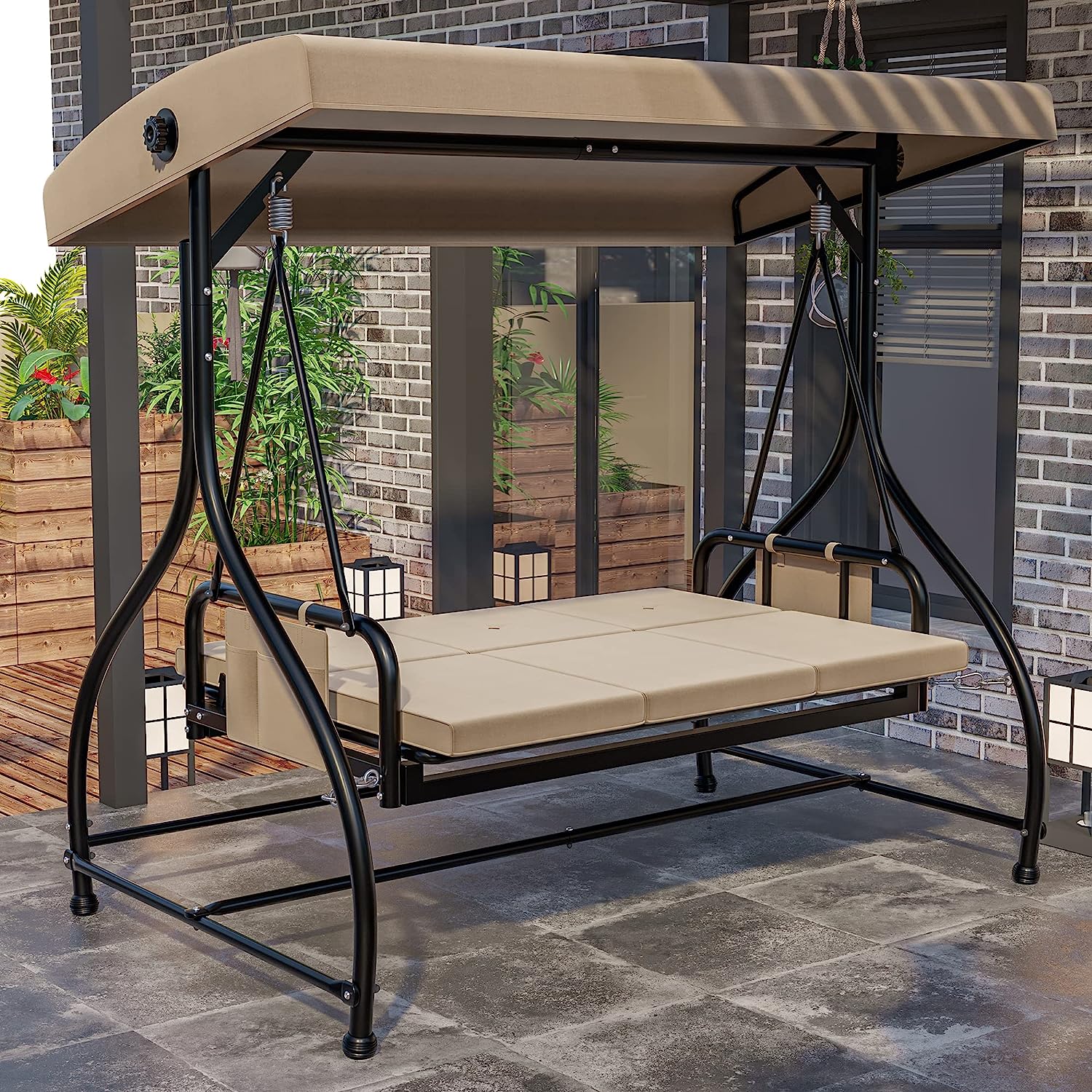 YITAHOME Porch Swing Bed 3-Seats Outdoor Patio Swing Heavy Duty Swing Chair with Adjustable Canopy Removable Cushion, Suitable for Adult in Garden, Poolside, Balcony, Brown