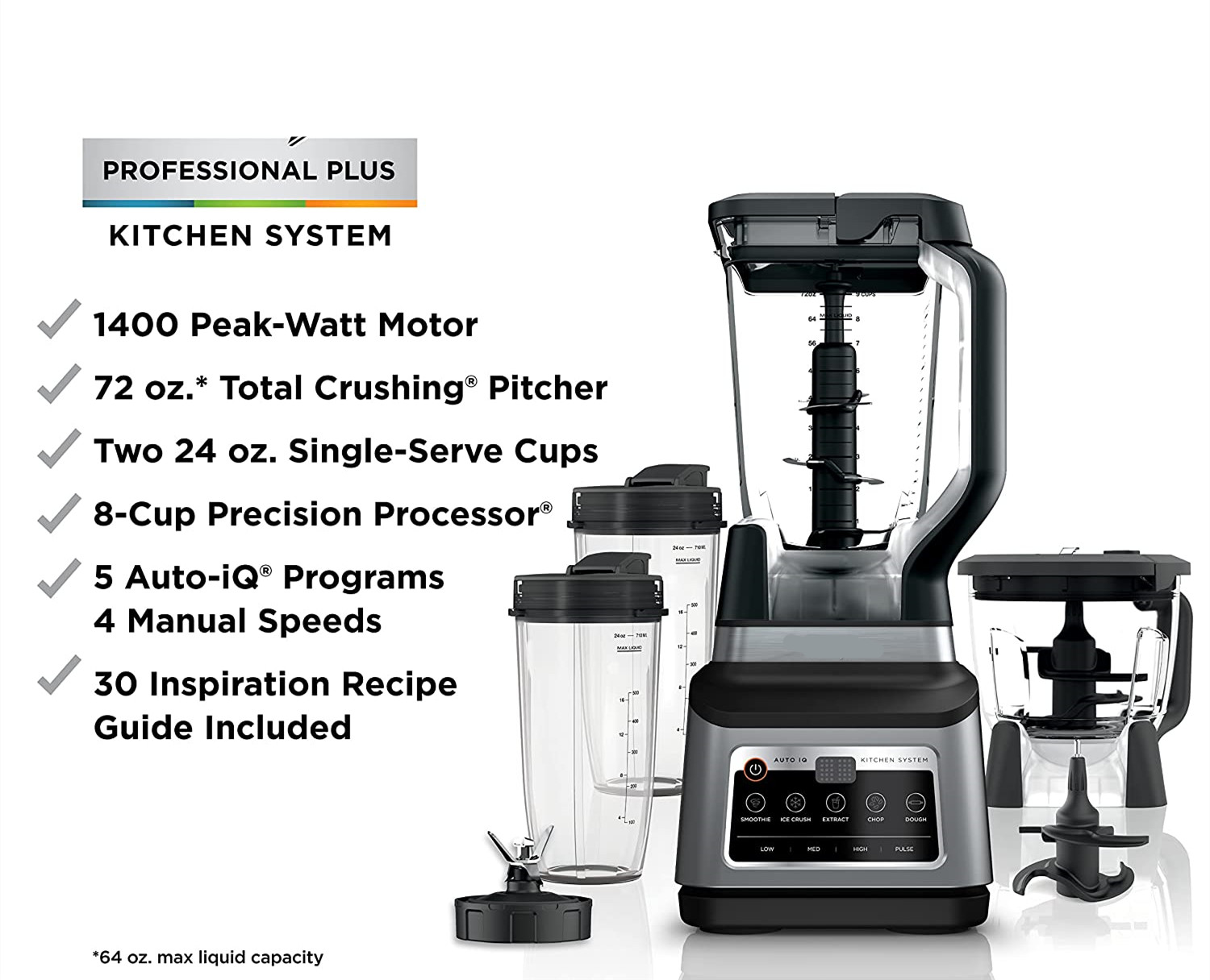 72 oz. Pitcher, 8-Cup Food Processor, 16 oz. Single Serve Cup, 1500-Watt, Black