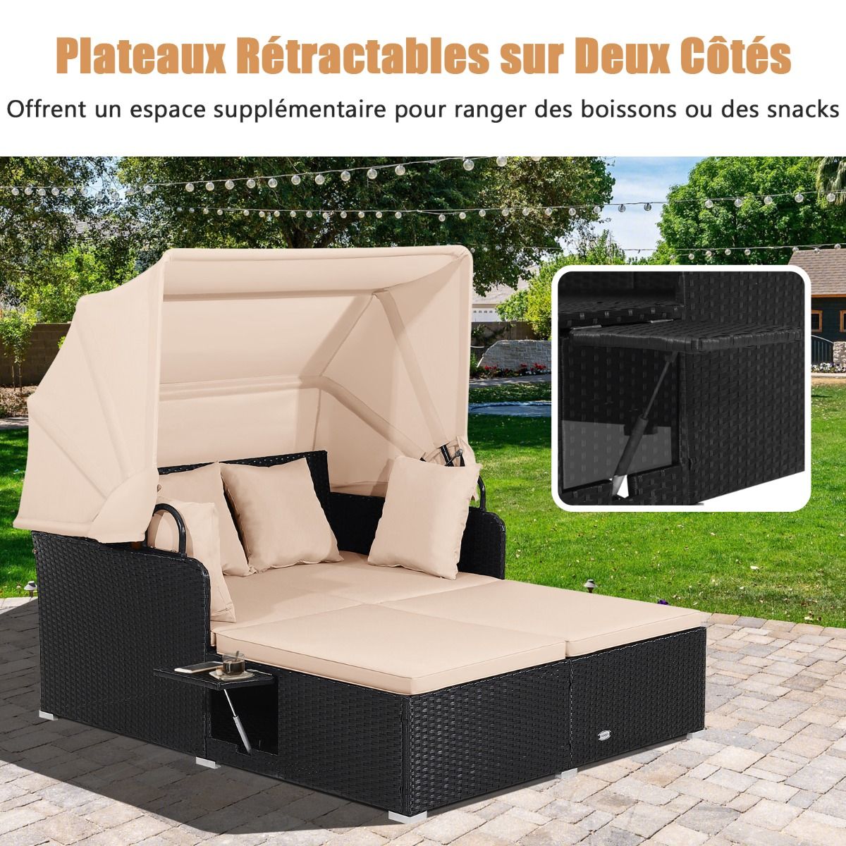 Chaise Longue à 2 Places en Rotin avec Auvent Rétractable Bain de Soleil avec Panneaux Latéraux Pliables Charge 360KG Beige/Gris