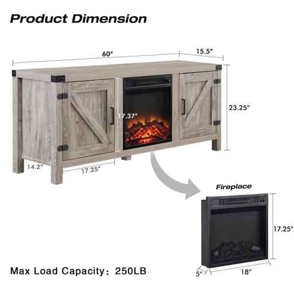 60 in. Gray Electric Fireplace TV Stand Fits TV's up to 70 in. with 2-Cabinet