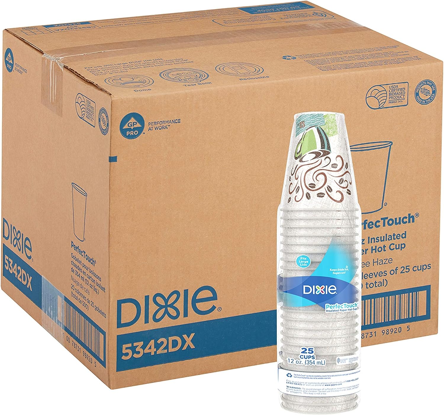 Dixie PerfecTouch 12 Oz Insulated Paper Hot Coffee Cup by GP PRO (Georgia-Pacific); Coffee Haze; 5342DX; 500 Count (25 Cups Per Sleeve; 20 Sleeves Per Case)