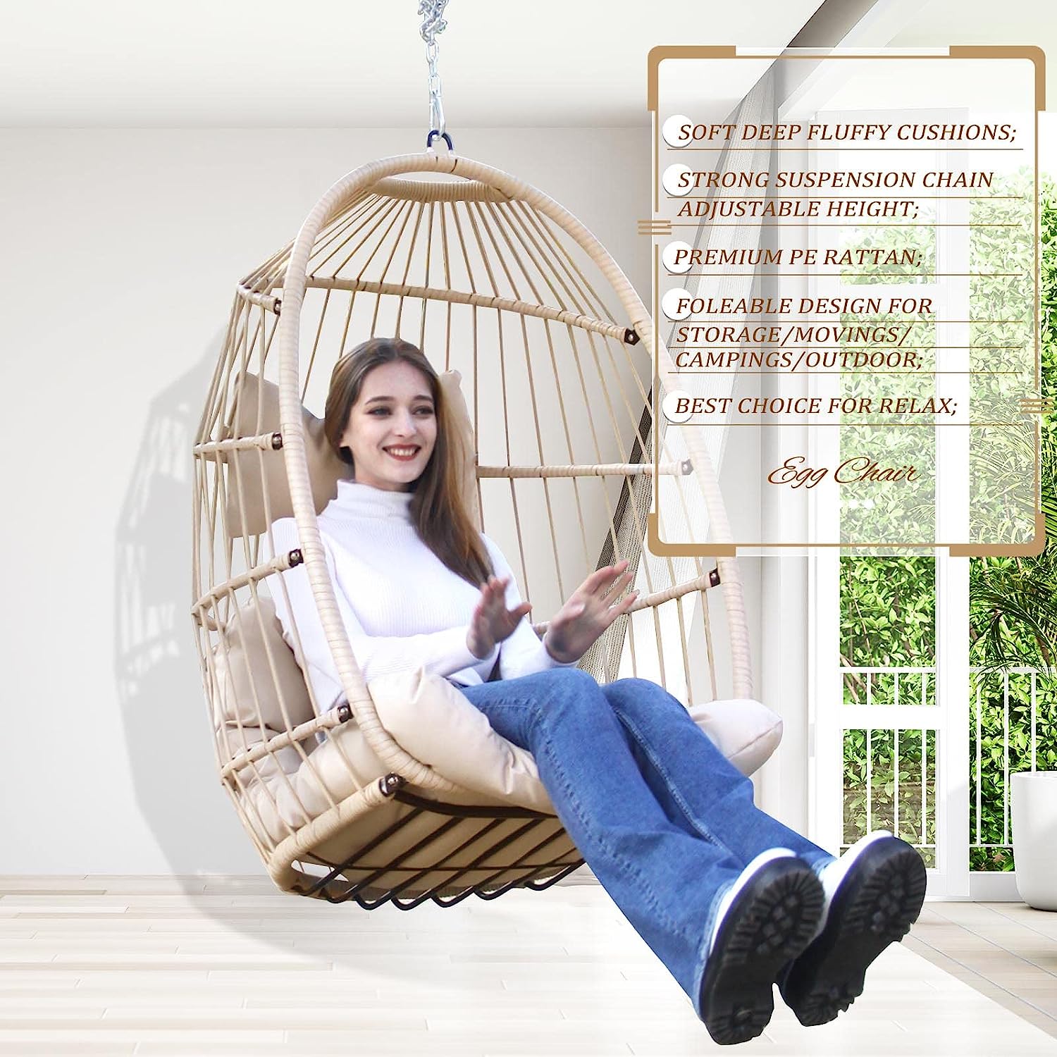 Swing Egg Chair Without Stand Indoor Outdoor Wicker Rattan Patio Basket Hanging Chair with UV Resistant Cushions 265lbs Capaticy for Bedroom Balcony Patio (Without Stand)