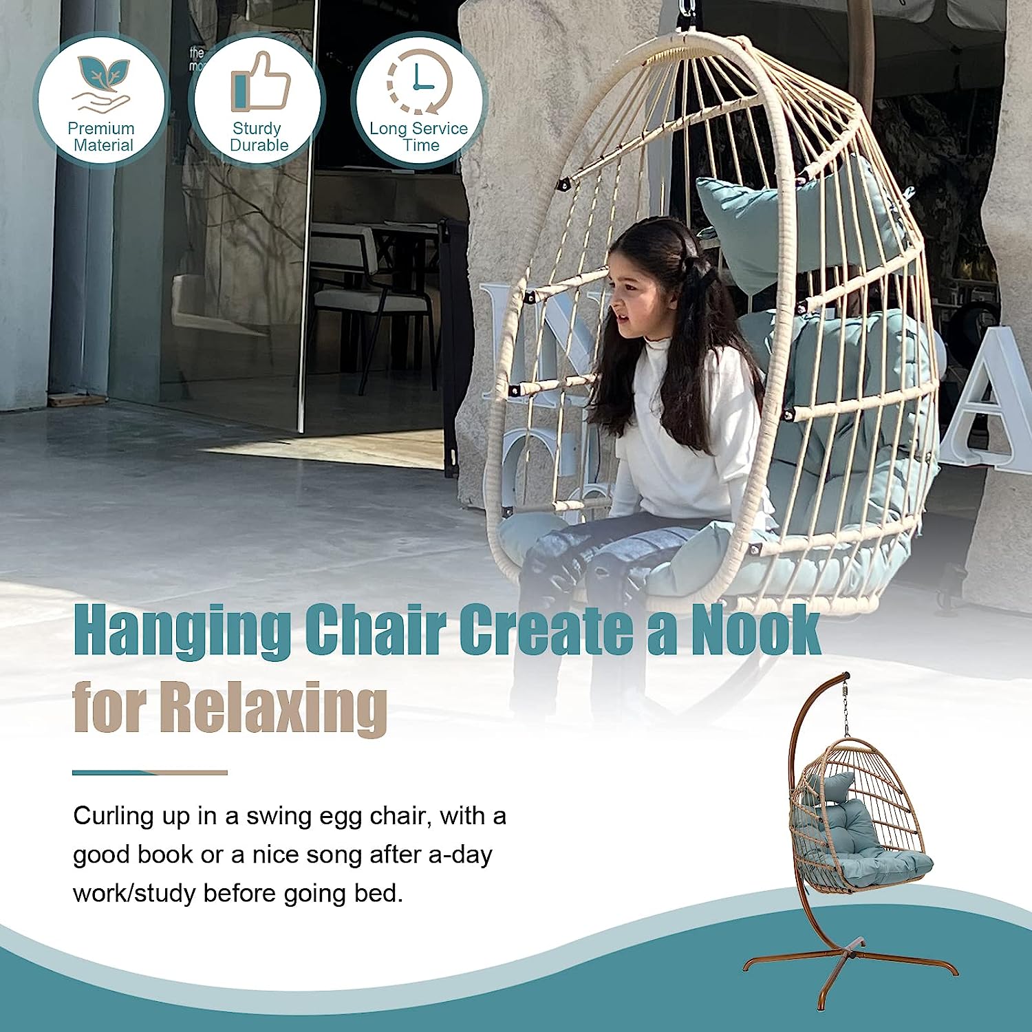 NICESOUL® Indoor Outdoor Patio Wicker Hanging Chair Swing Egg Basket Chairs with Stand UV Resistant Cushions 350lbs Capaticy for Patio Backyard Balcony Xmas Gift