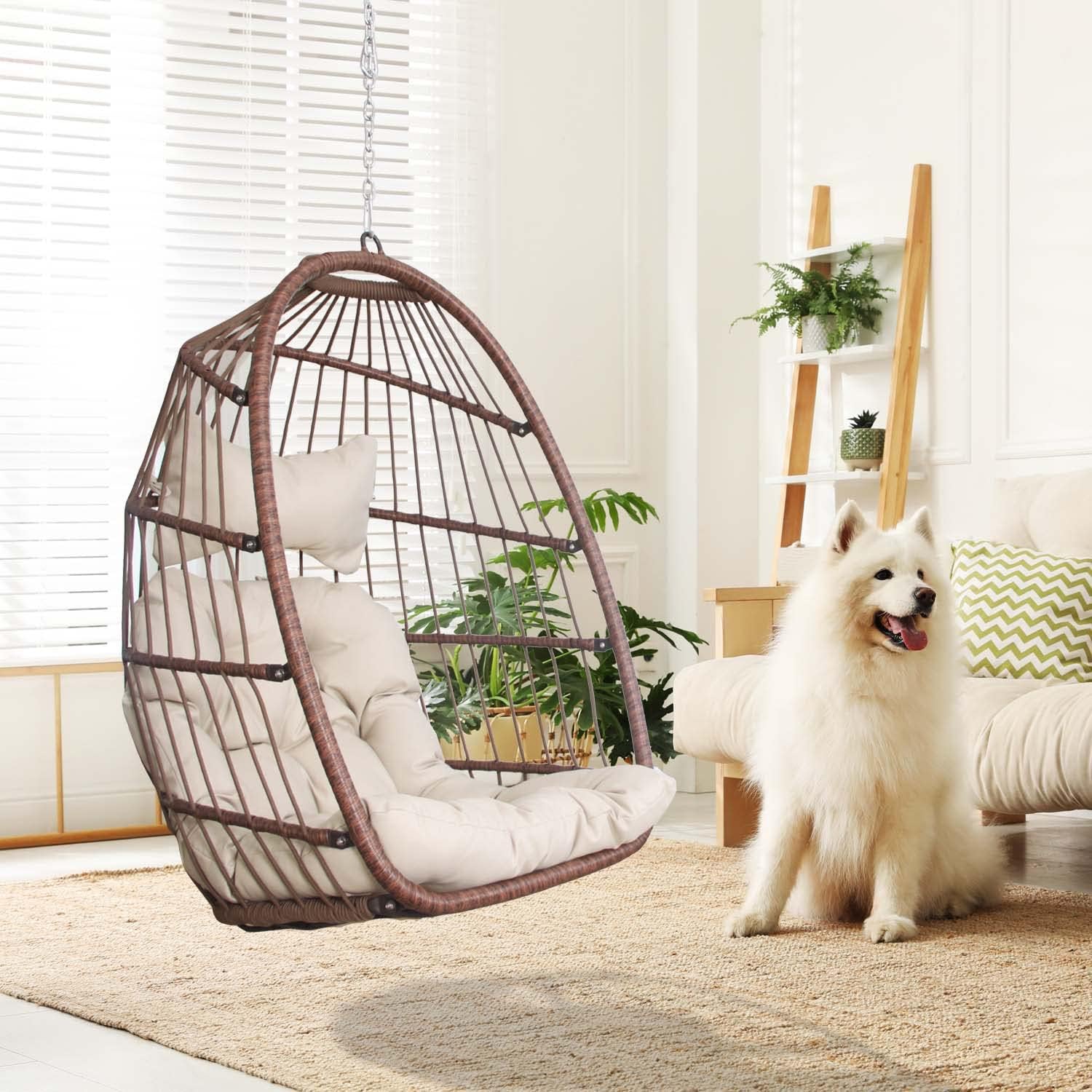 Swing Egg Chair Without Stand Indoor Outdoor Wicker Rattan Patio Basket Hanging Chair with UV Resistant Cushions 265lbs Capaticy for Bedroom Balcony Patio (Without Stand)