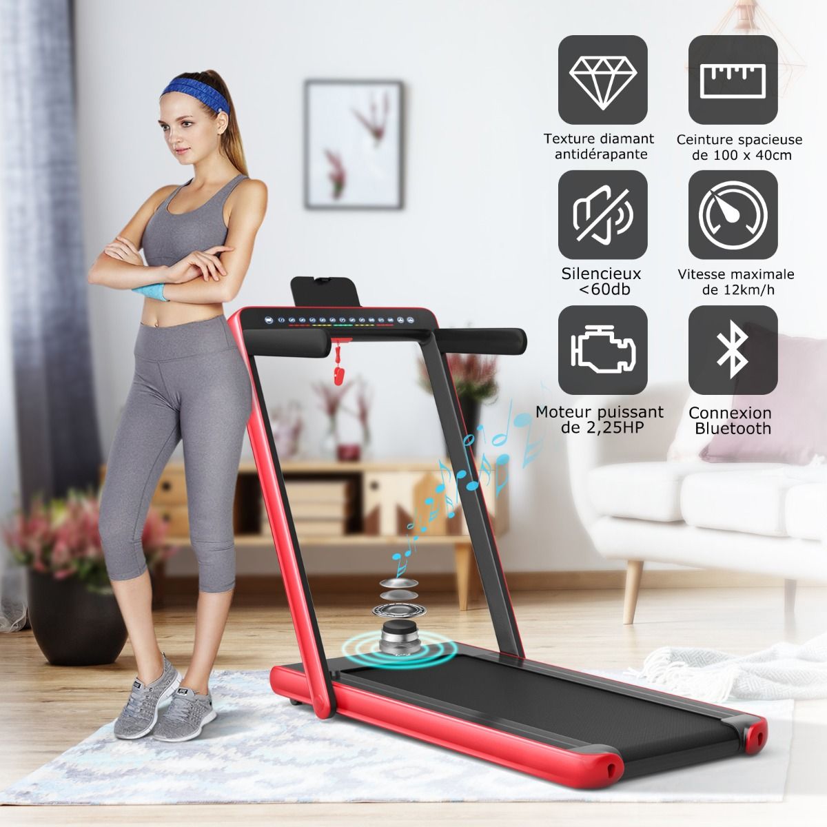 Tapis de Course Pliable 0,75HP Double Affichage LED APP et Télécommande Vitesse Motorisé 12 km/h Surface 40x100cm Rouge