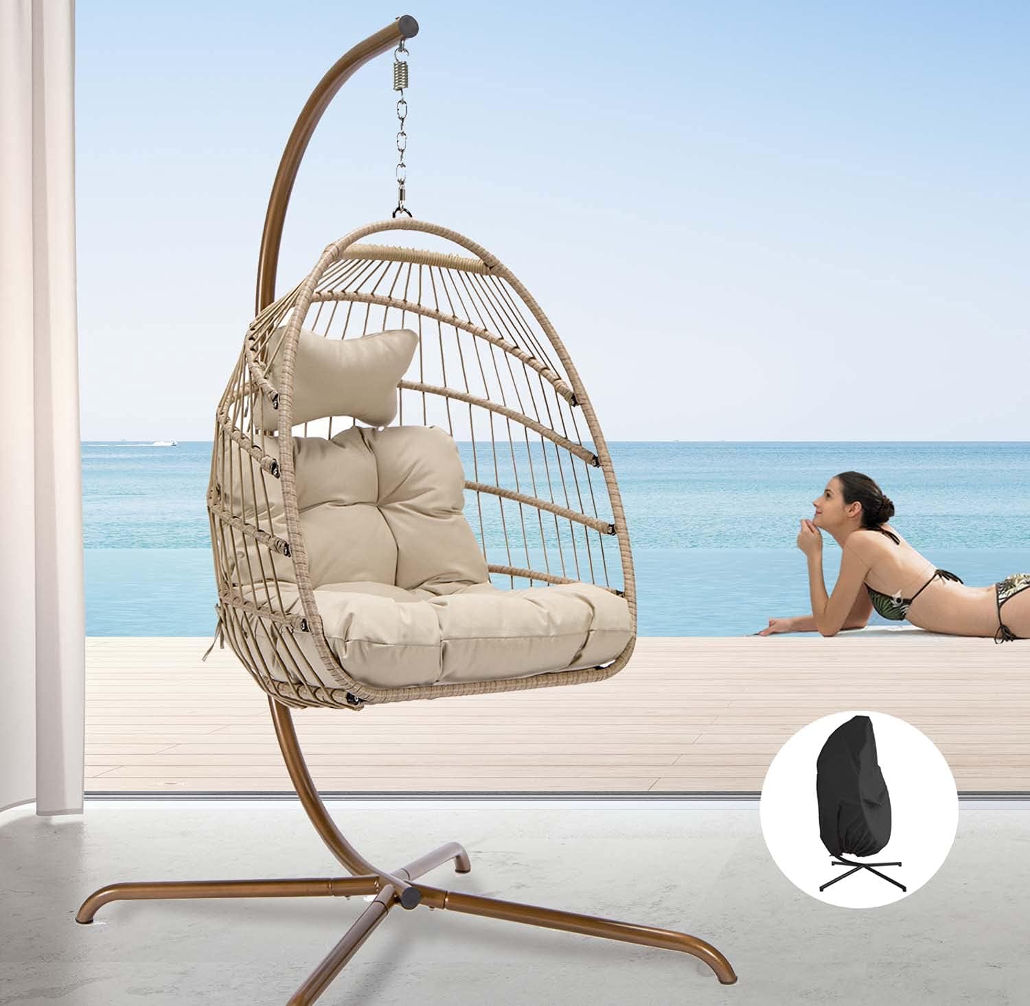 NICESOUL® Indoor Outdoor Patio Wicker Hanging Chair Swing Egg Basket Chairs with Stand UV Resistant Cushions 350lbs Capaticy for Patio Backyard Balcony Xmas Gift