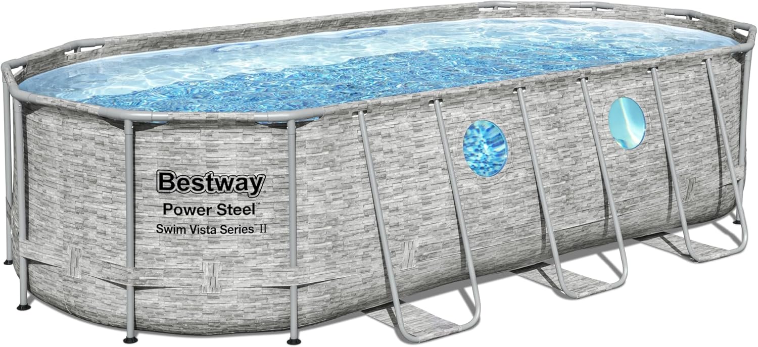 Bestway 56946 Piscine Power Steel™ Swim Vista ovale 488 x 305 x 107 cm motif rotin avec hublots, filtration à sable, échelle, bâche et diffuseur Chemconnect™