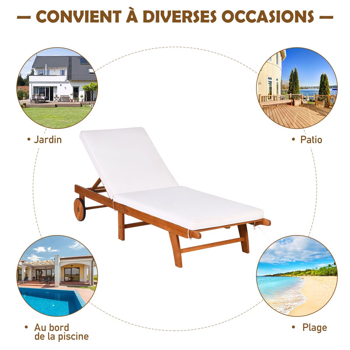 Chaise Longue Pliable en Bois avec 2 Roues et un Coussin Amovible Dossier Réglable Capacité Portante 160KG Idéal pour L’extérieur
