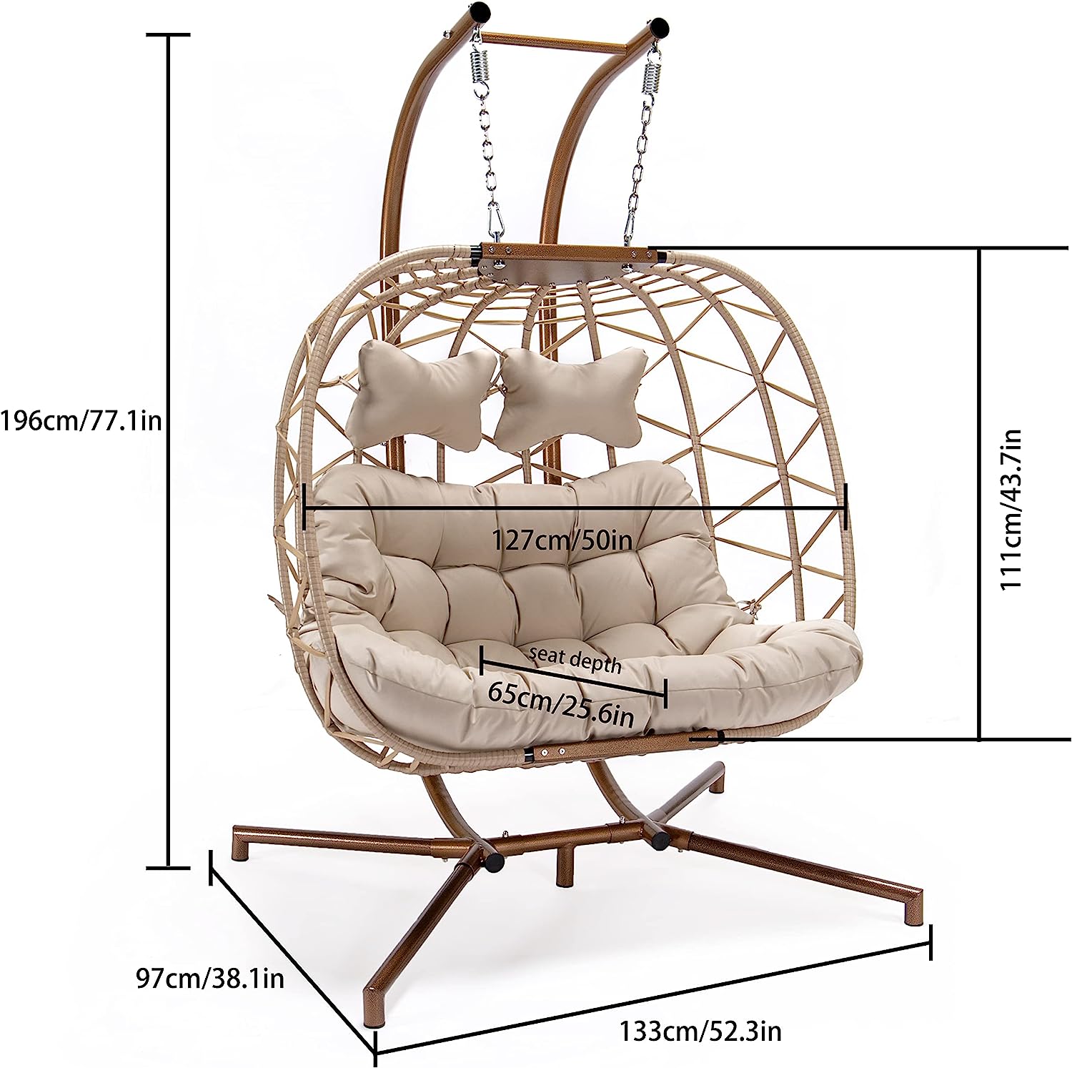 Swing Egg Chair Without Stand Indoor Outdoor Wicker Rattan Patio Basket Hanging Chair with UV Resistant Cushions 265lbs Capaticy for Bedroom Balcony Patio (Without Stand)