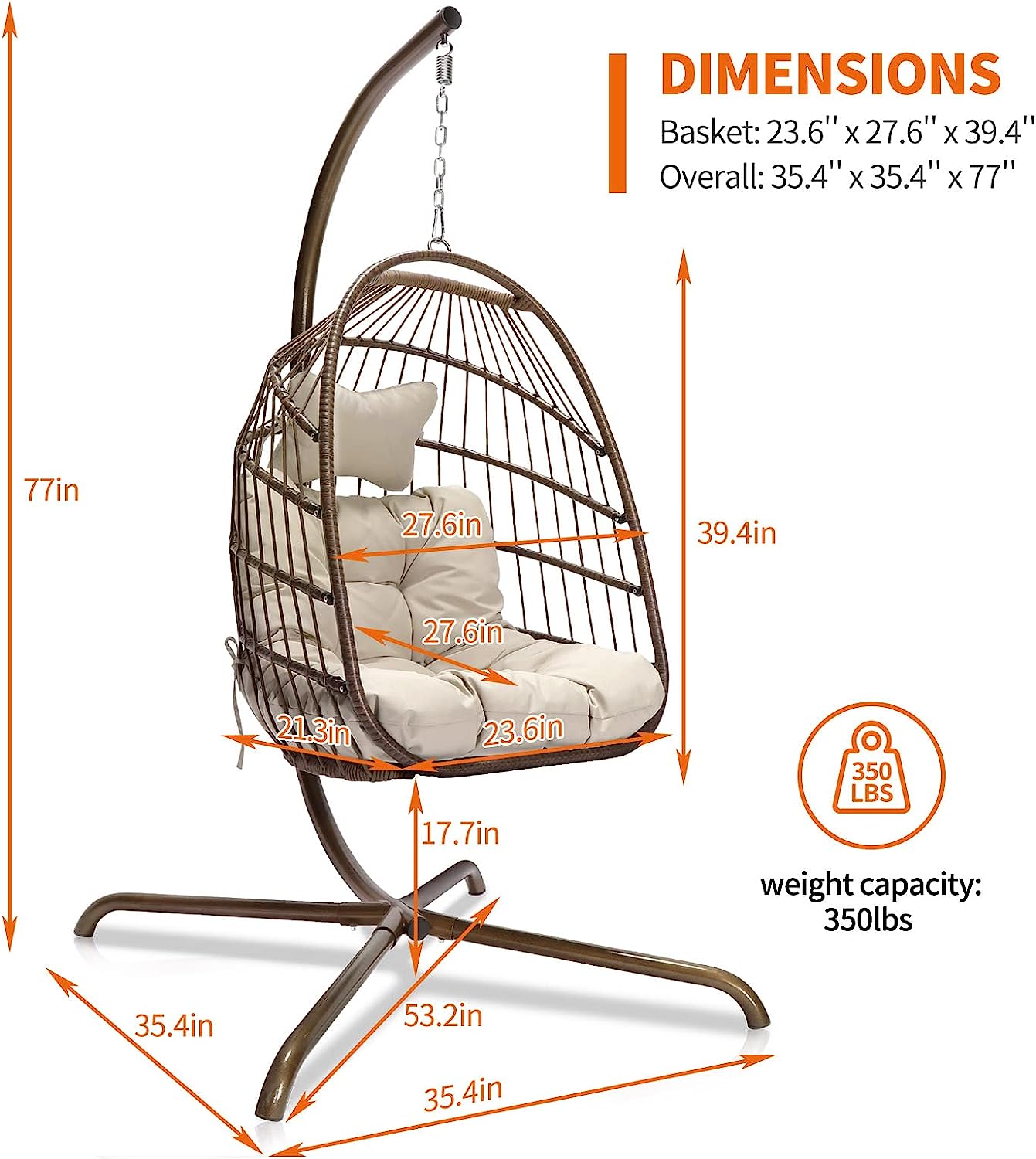 NICESOUL® Indoor Outdoor Patio Wicker Hanging Chair Swing Egg Basket Chairs with Stand UV Resistant Cushions 350lbs Capaticy for Patio Backyard Balcony Xmas Gift