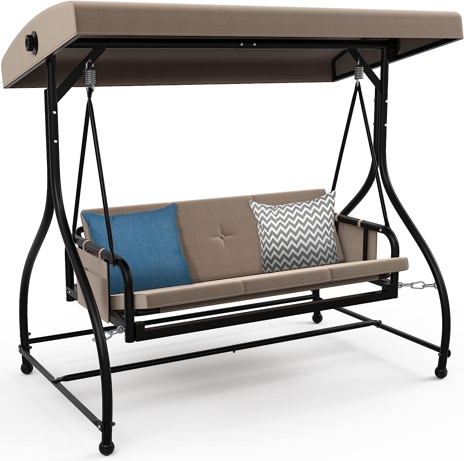 YITAHOME Porch Swing Bed 3-Seats Outdoor Patio Swing Heavy Duty Swing Chair with Adjustable Canopy Removable Cushion, Suitable for Adult in Garden, Poolside, Balcony, Brown