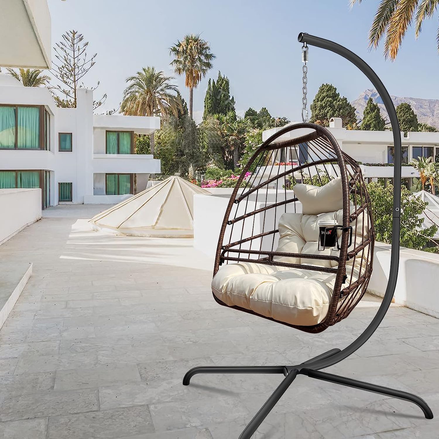 Olela Wicker Egg Swing Chair with Stand Indoor Outdoor,Hanging Egg Chair with Cushion and Pillow,Basket Chair for Bedroom,Living Room or Patio Garden (Natural-Round Base)