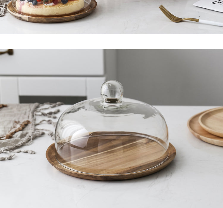 Wood Cake Stand with Glass Dome Revolving Cake Decorating Stand Dessert Display