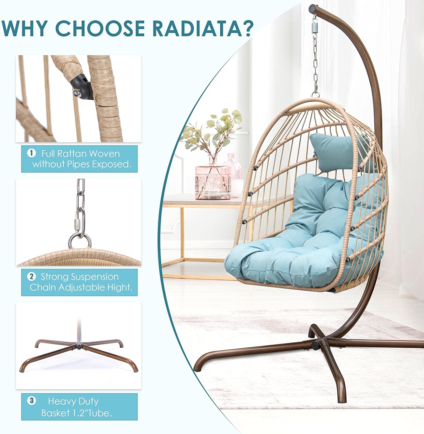 RADIATA Double Egg Chair with Stand Luxury Outdoor Patio Wicker Loveseat Hanging Swing Egg Chairs with Resistant Cushions Metal Frame 500 lbs Capaticy for 2 Persons Patio Backyard Balcony