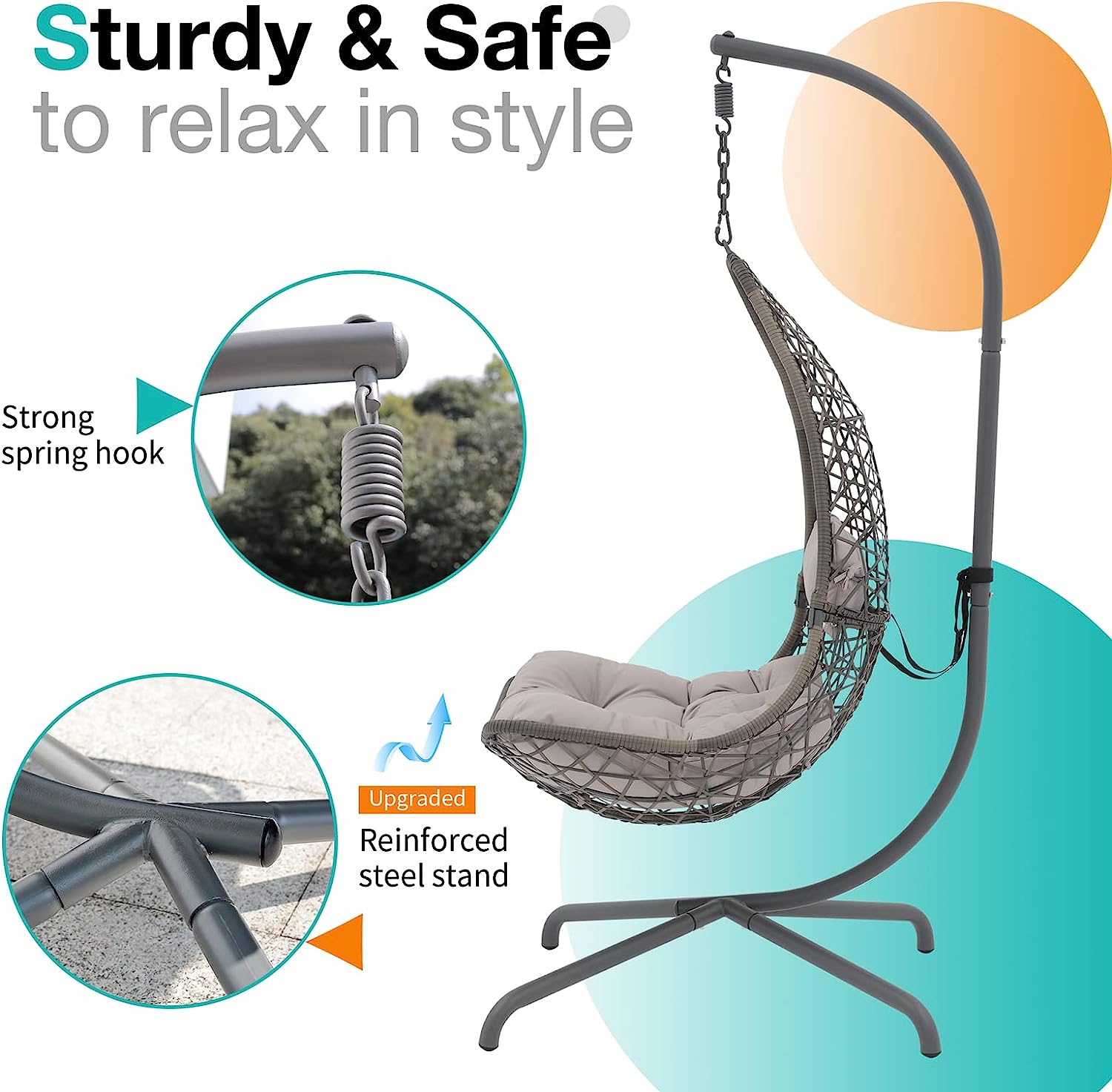 SUNSITT Swing Egg Chair Outdoor Indoor Wicker Hammock Hanging Chair Patio Lounge Chair with Stand and Cushions for Balcony, Deck, Bedroom, Grey Wicker