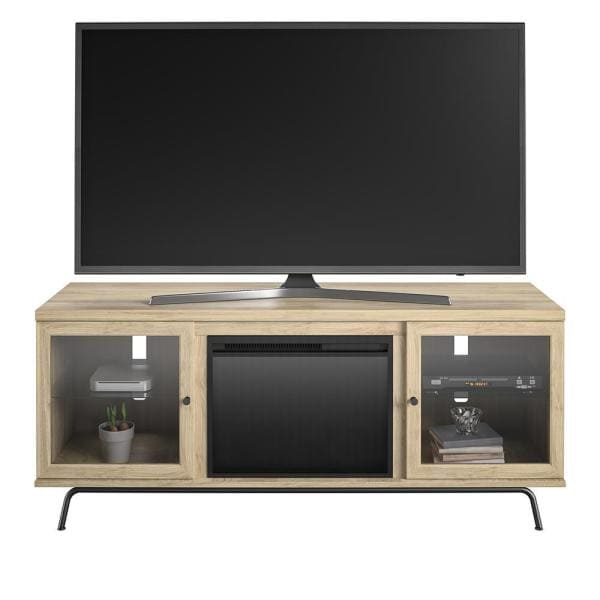 Flicker 64.76 in. Freestanding Electric Fireplace TV Stand in Blonde Oak